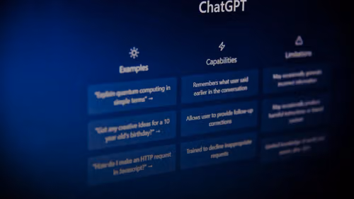 The ChatGPT interface showing examples, capabilities, and limitations on a dark blue screen