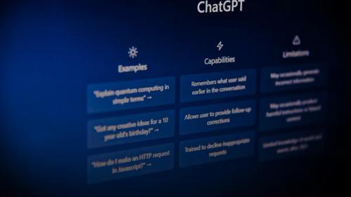 The ChatGPT interface showing examples, capabilities, and limitations on a dark blue screen