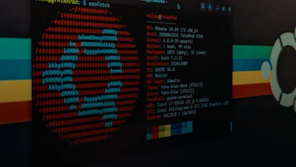 A computer screen displaying system information and an Ubuntu logo in a terminal window