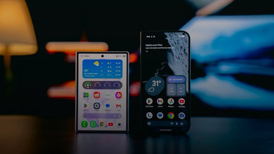 Two smartphones with illuminated screens on a dark surface in a dimly lit room