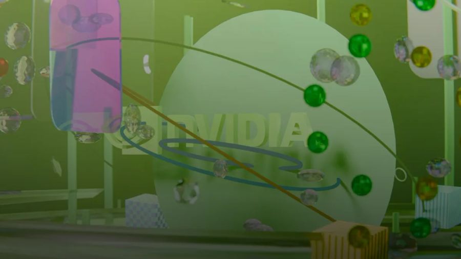 Abstract digital scene with nvidia logo and geometric shapes.