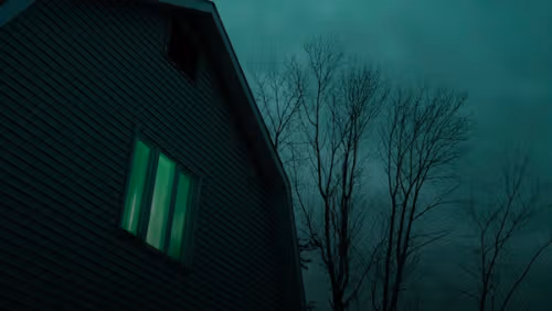 a black house with a green light in the window