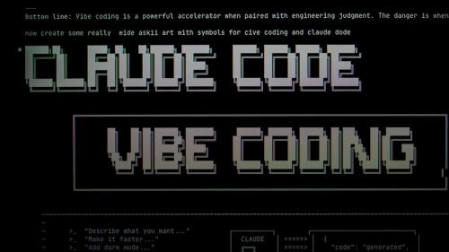 Digital art with text "claude code" and "vibe coding"