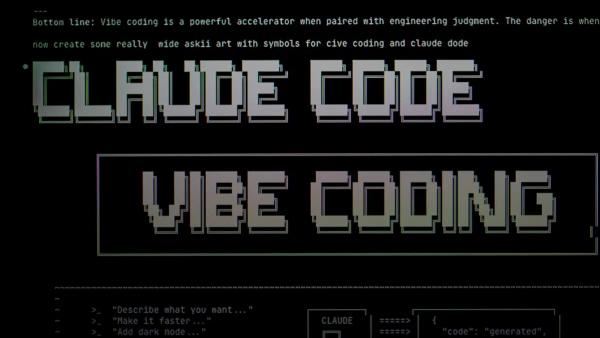 Digital art with text "claude code" and "vibe coding"