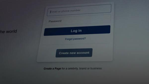 Facebook login screen with email and password fields