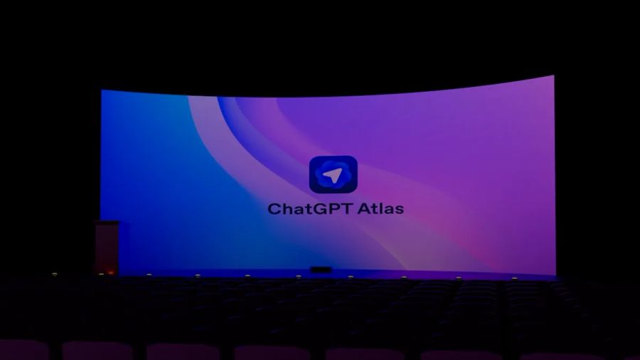 A large screen displays "chatgpt atlas" logo
