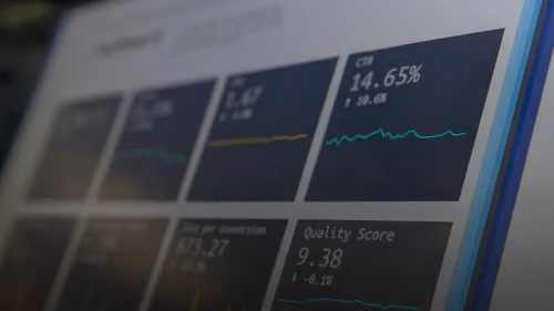A digital dashboard displaying marketing metrics including CTR and quality score on a screen