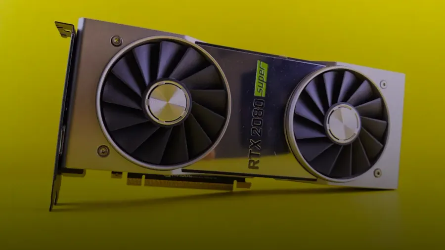 A close up of a video card on a yellow background