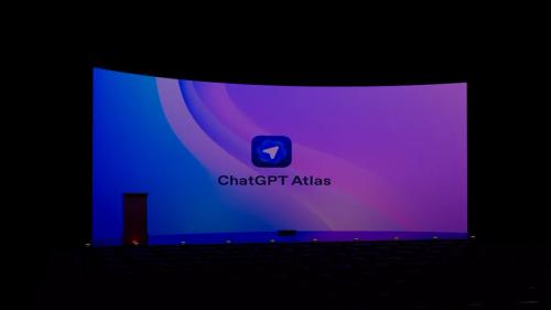 Large curved screen displays "chatgpt atlas" logo