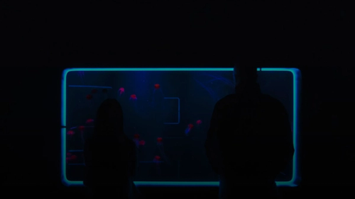 a couple of people standing in front of a tv