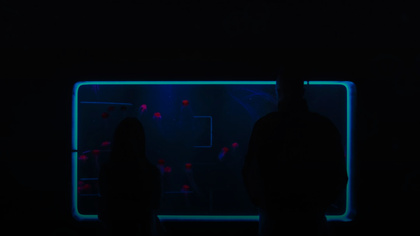 a couple of people standing in front of a tv