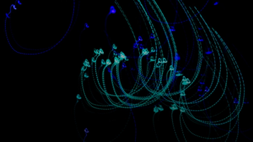 Abstract glowing blue and teal lights on black background