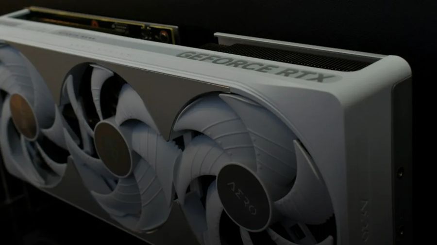White graphics card with three fans and rtx logo