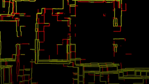 Abstract geometric pattern of yellow and red lines.