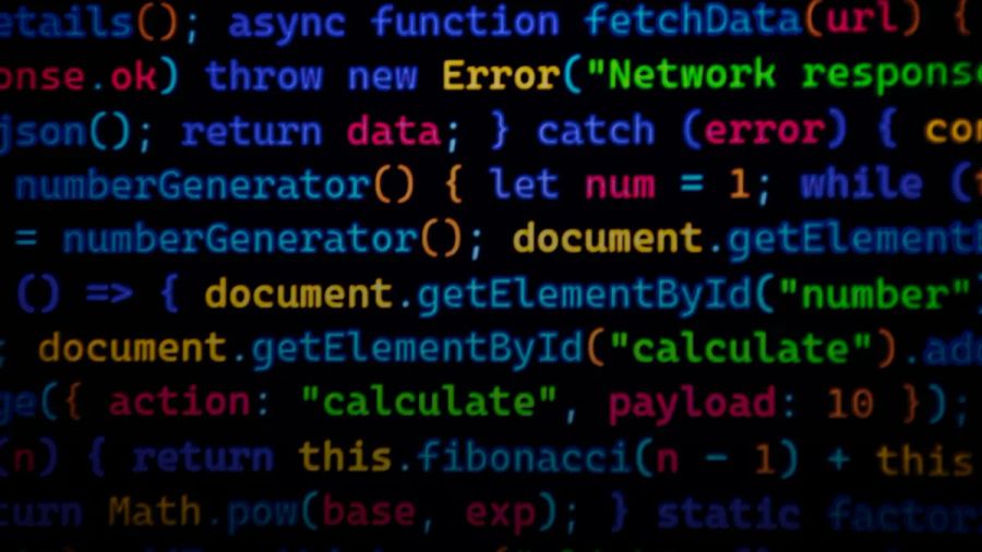 Colorful code scrolls across a dark background.