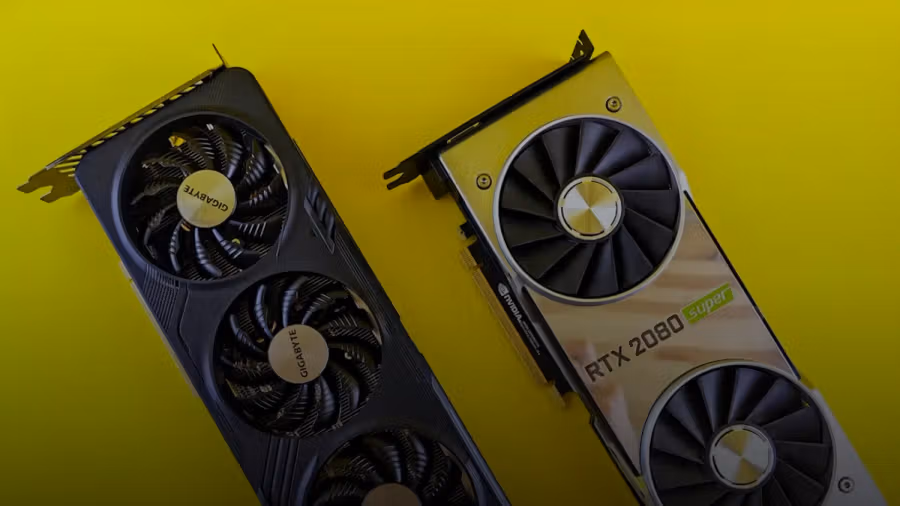 Two computer graphics cards on a yellow background