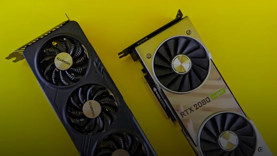 Two computer graphics cards on a yellow background