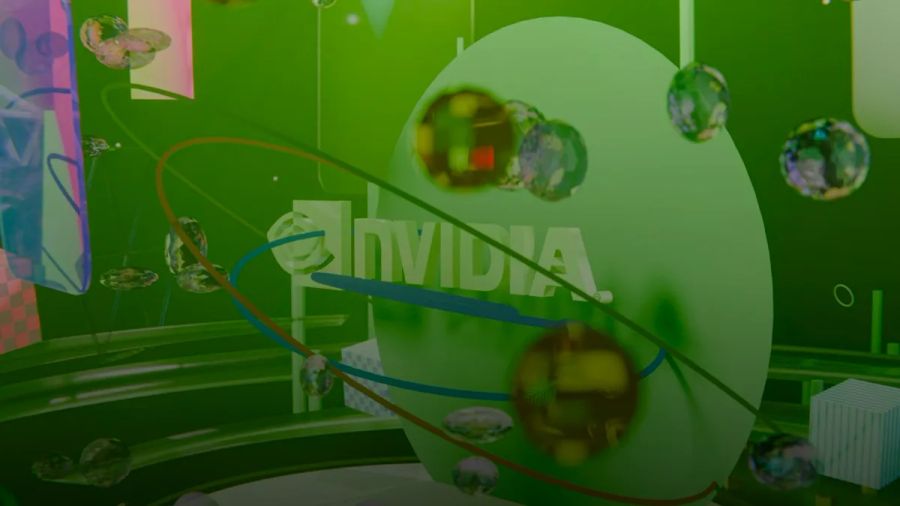 Nvidia logo on a green background with abstract spheres