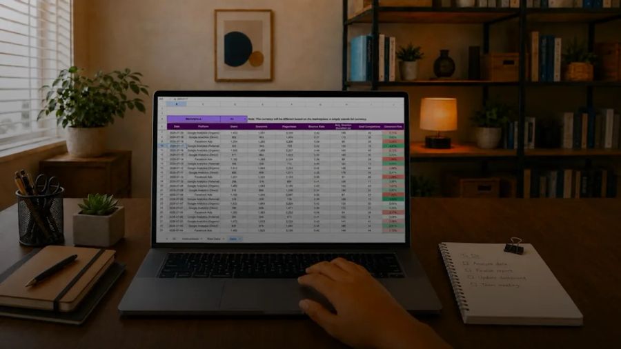 Hand operating laptop displaying data spreadsheet on a desk