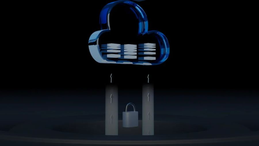 A blue glass cloud icon with data layers above a silver padlock