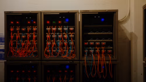Network servers are connected with cables.
