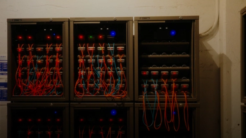 Network servers are connected with cables.