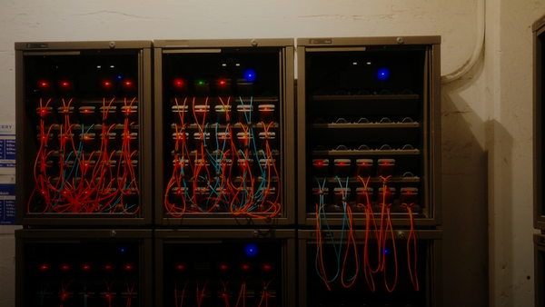Network servers are connected with cables.