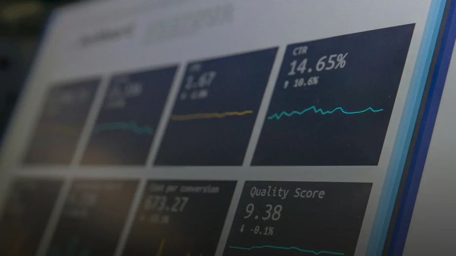 A digital dashboard displaying marketing metrics including CTR and quality score on a screen.