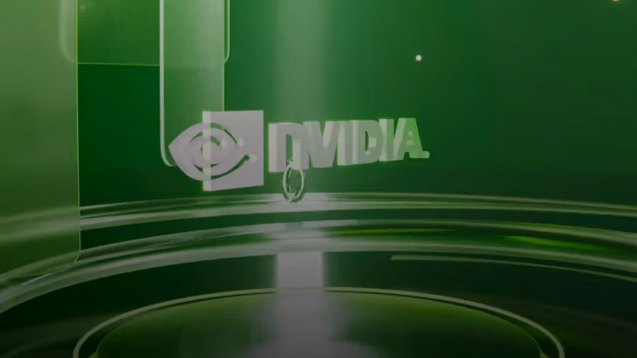 Nvidia logo on a green digital abstract background.