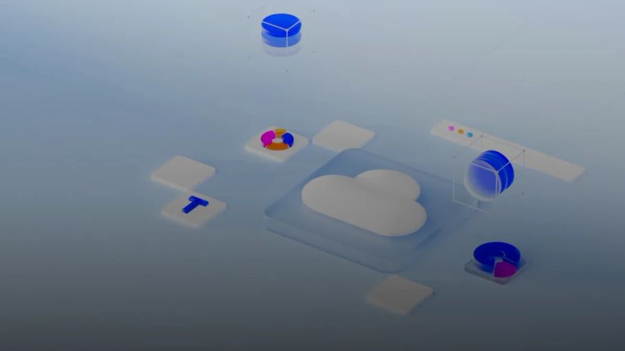 A white cloud icon on a glass square with floating data charts and cylinders
