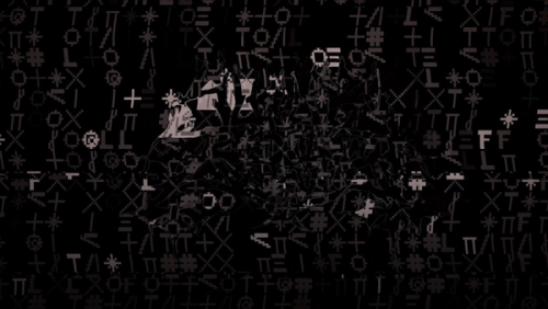 Abstract pattern of symbols and glyphs on black background.