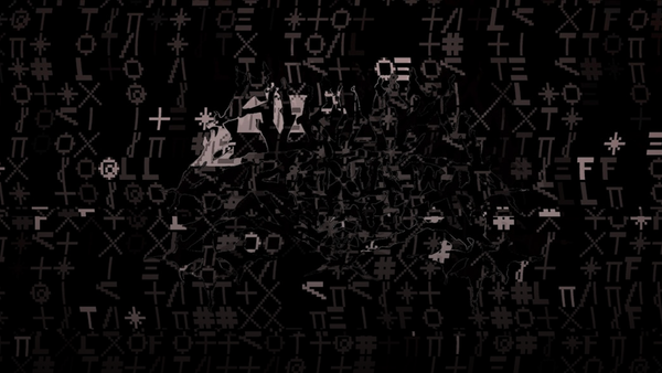 Abstract pattern of symbols and glyphs on black background.