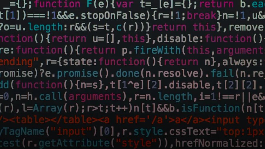 Lines of colorful JavaScript code displayed on a dark screen