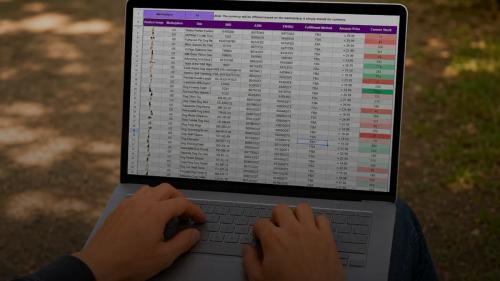 Person working on a laptop with a spreadsheet outdoors.