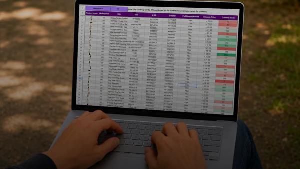 Person working on a laptop with a spreadsheet outdoors.