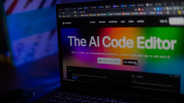 Laptop displays "the ai code editor" website.