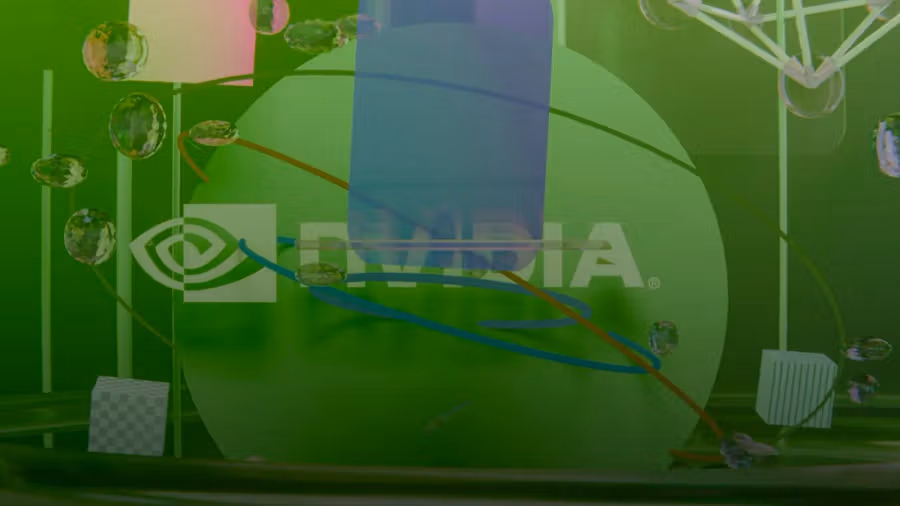 Nvidia logo on a green background with abstract 3D elements.