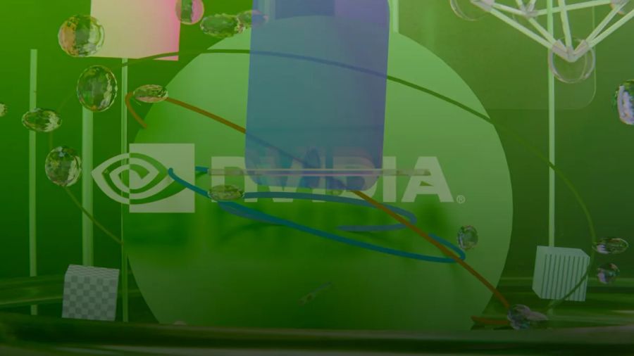 Nvidia logo on a green background with abstract 3D elements.