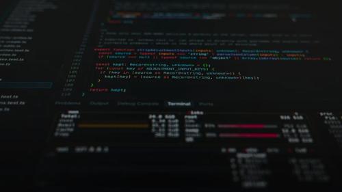 Computer code displayed on a dark screen with a terminal window showing system metrics
