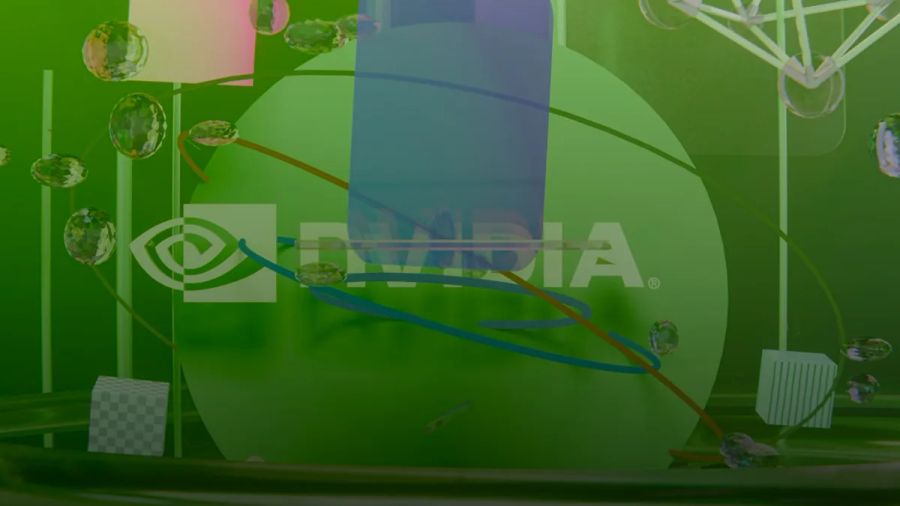 Nvidia logo on a green background with abstract 3D elements.