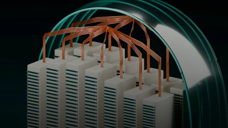 White rectangular towers with copper wiring connected to a curved teal arch